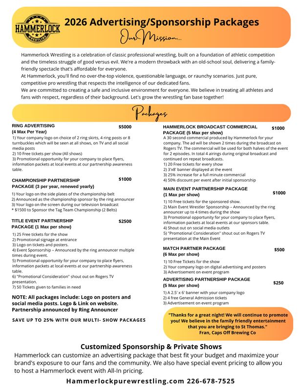 Hammerlock Wrestling 2026 advertising and sponsorship packages sheet, showing all seven partnership tiers and pricing